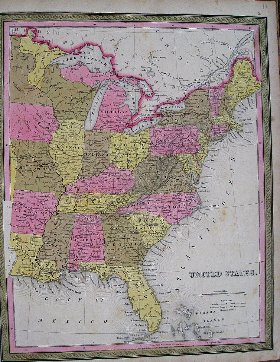 Antique-Hand-Colored-Map-United-States.--United-States-Eastern-United-States-1846-H.N.-Burroughs-from-Mitchell-Universal-Atlas-Maps-Of-Antiquity