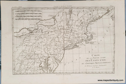 Antique-Map-Carte-de-la-Partie-Nord-Des-Etats-Unis-de-L'Amerique-Septentrionale.-Par-M.-Bonne-Ingenieur-Hydrographe-de-la-Marine-New-England-Northeast-United-States-1780-1700s-18th-century-early-colonial-maps-of-antiquity