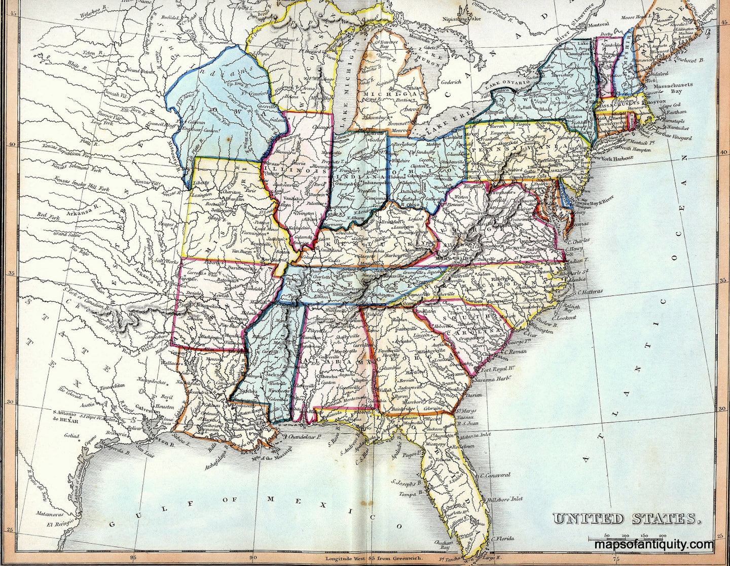 Antique-Hand-Colored-Map-United-States.-**********-United-States-Eastern-United-States-1845-Findlay-Maps-Of-Antiquity
