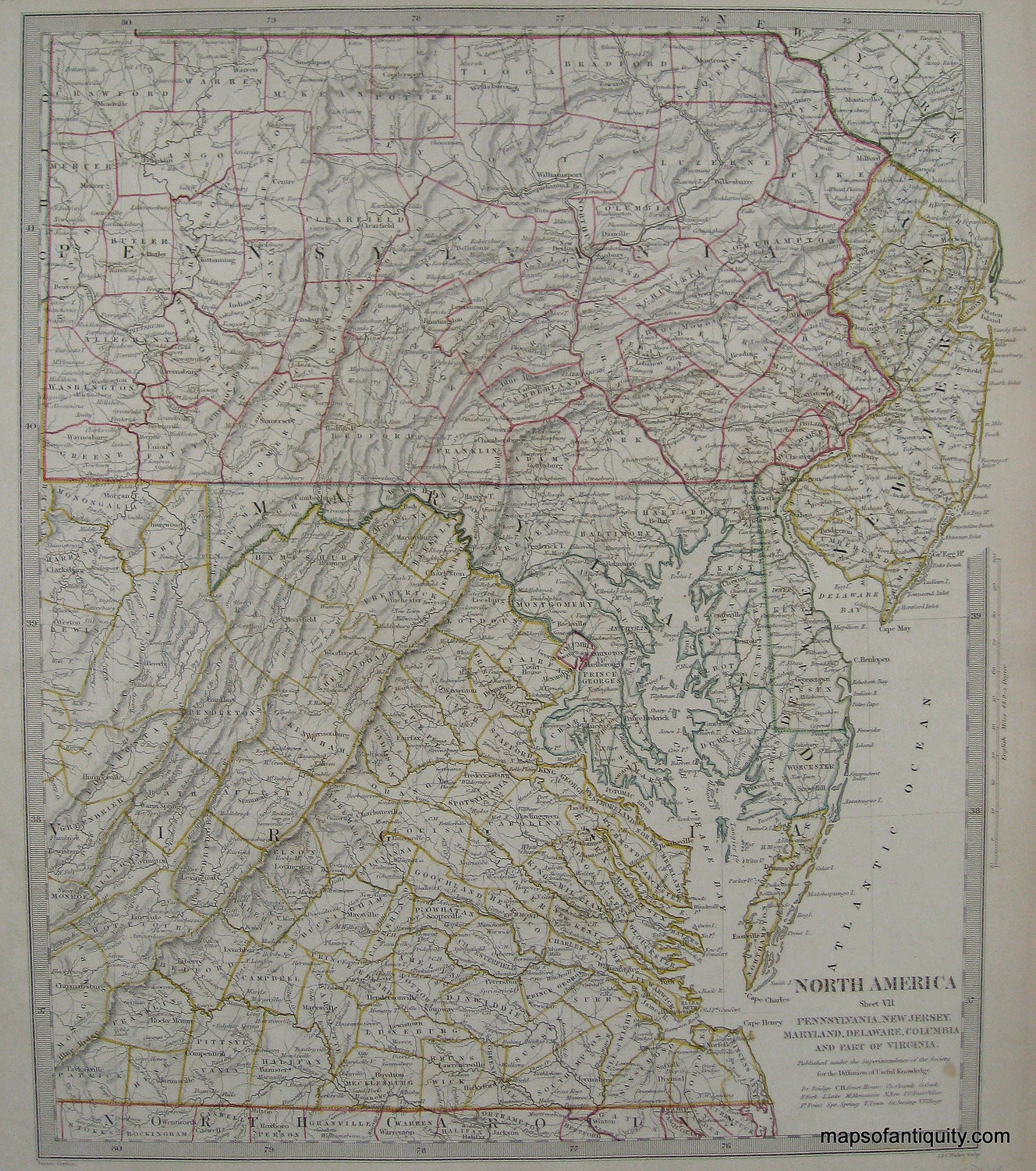 Antique-Hand-Colored-Map-North-America-Sheet-VII-Pennsylvania-New-Jersey-Maryland-Delaware-Columbia-and-part-of-Virginia.--United-States-Mid-Atlantic-1840/1844-SDUK/Society-for-the-Diffusion-of-Useful-Knowledge-Maps-Of-Antiquity