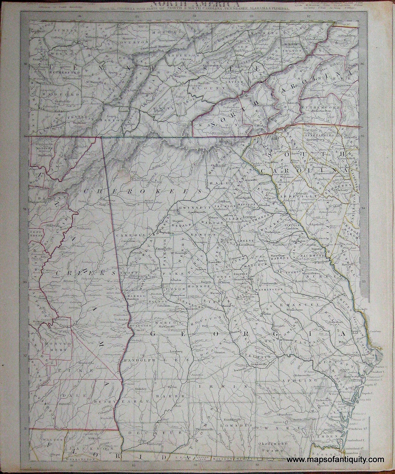 Antique-Hand-Colored-Map-North-America-Sheet-XII-Georgia-with-parts-of-North-&-South-Carolina-Tennessee-Alabama-&-Florida.**********-United-States-South-1840/1844-SDUK/Society-for-the-Diffusion-of-Useful-Knowledge-Maps-Of-Antiquity
