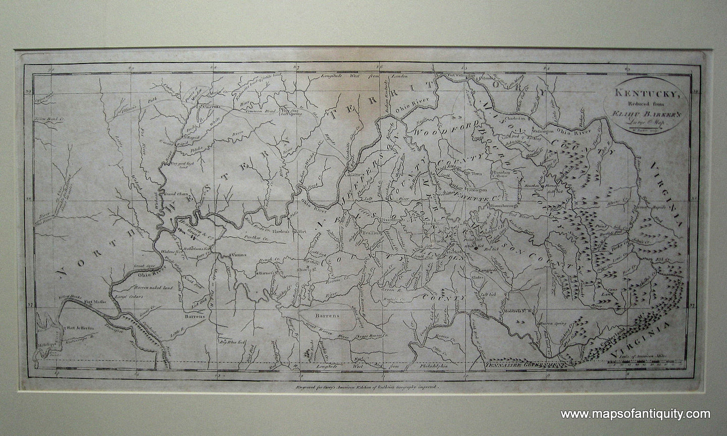 Black-and-White-Antique-Map-Kentucky-Reduced-from-Elihu-Barker's-Large-Map.-**********-United-States-South-1796-Mathew-Carey-Maps-Of-Antiquity