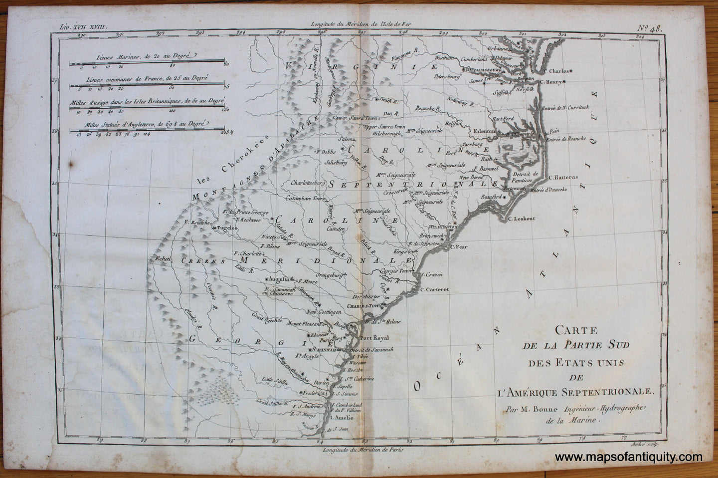 Antique-Map-La-Partie-Sud-des-Etats-Unis-de-L'Amerique-Septentrionale.-1780-Raynal-Bonne-1700s-18th-century