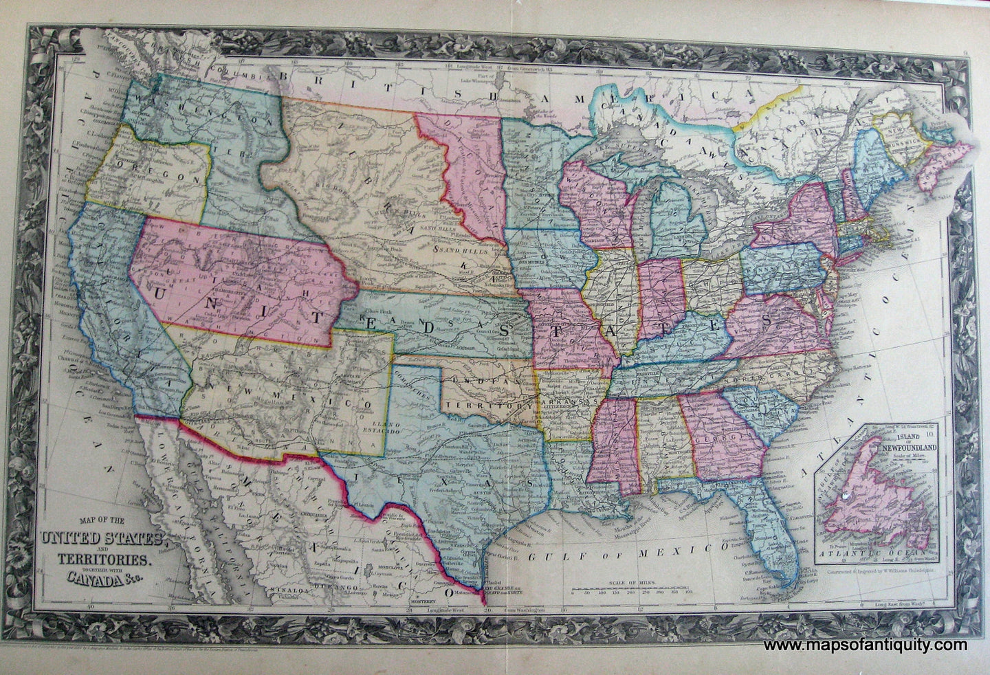 Antique-Hand-Colored-Map-Map-of-the-United-States-and-Territories.-Together-with-Canada-etc.****-United-States-United-States-General---1860-Mitchell-Maps-Of-Antiquity