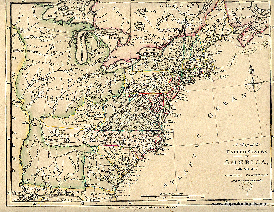 Antique-Hand-Colored-Map-A-Map-of-the-United-States-of-America-with-Part-of-the-Adjoining-Provinces-from-the-latest-Authorities.-June-2nd-1794.**********-United-States-United-States-General---1803-Wilkinson-Maps-Of-Antiquity