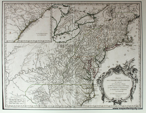 Antique-Hand-Colored-Map-Partie-de-L'Amerique-Septentrionale-qui-comprend-le-Cours-de-l'Ohio-la-Nlle.-Angleterre-la-Nlle.-York-le-New-Jersey-la-Pensylvanie-le-Maryland-la-Virginie-la-Caroline.-New-England-New-Jersey-Pennsyvania-Maryland-Virginia-Carolina.-United-States-Northeast-1755-Robert-de-Vaugondy-Maps-Of-Antiquity