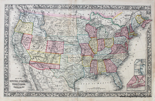 Antique-Hand-Colored-Map-Map-of-the-United-States-and-Territories.-Together-with-Canada-etc.--United-States-United-States-General---1862-Mitchell-Maps-Of-Antiquity