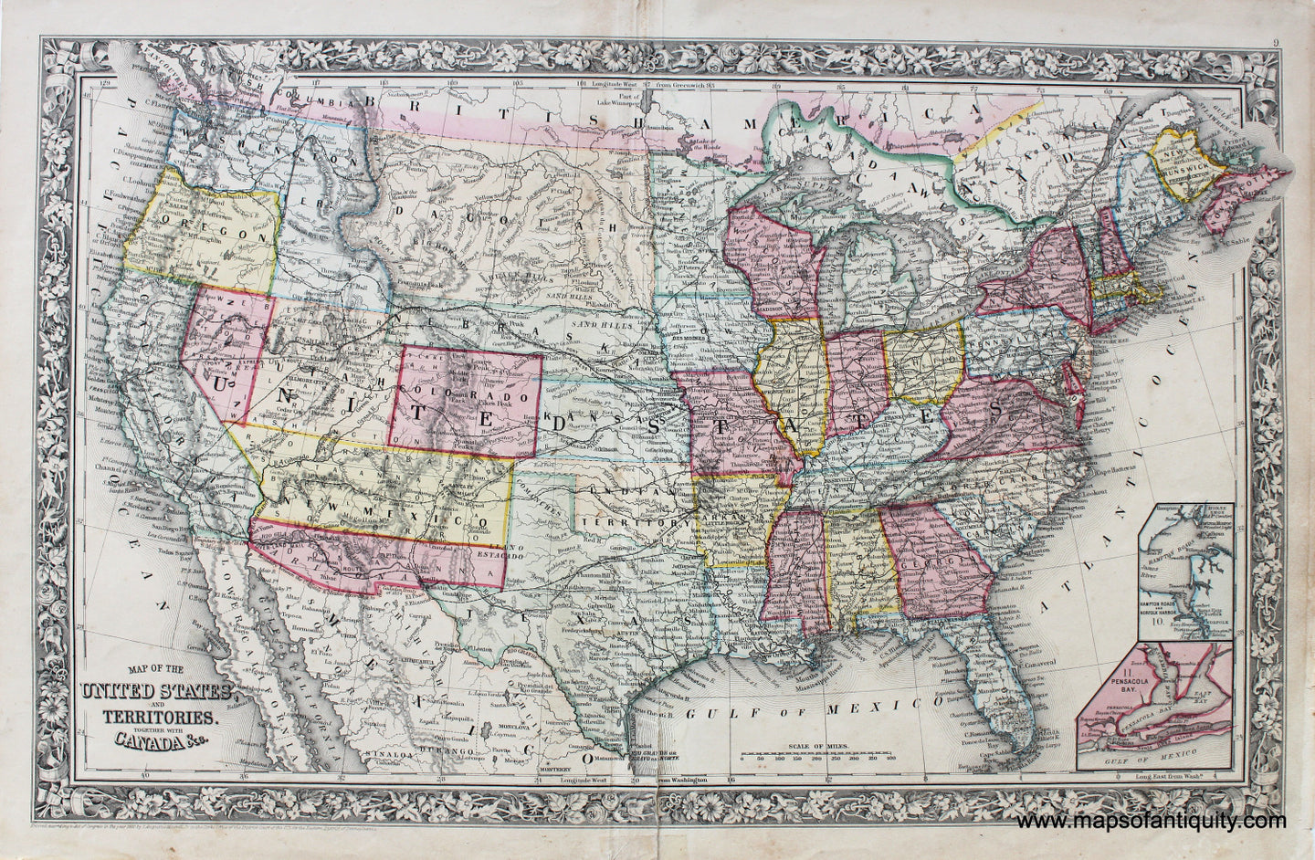 Antique-Hand-Colored-Map-Map-of-the-United-States-and-Territories.-Together-with-Canada-etc.--United-States-United-States-General---1861-Mitchell-Maps-Of-Antiquity