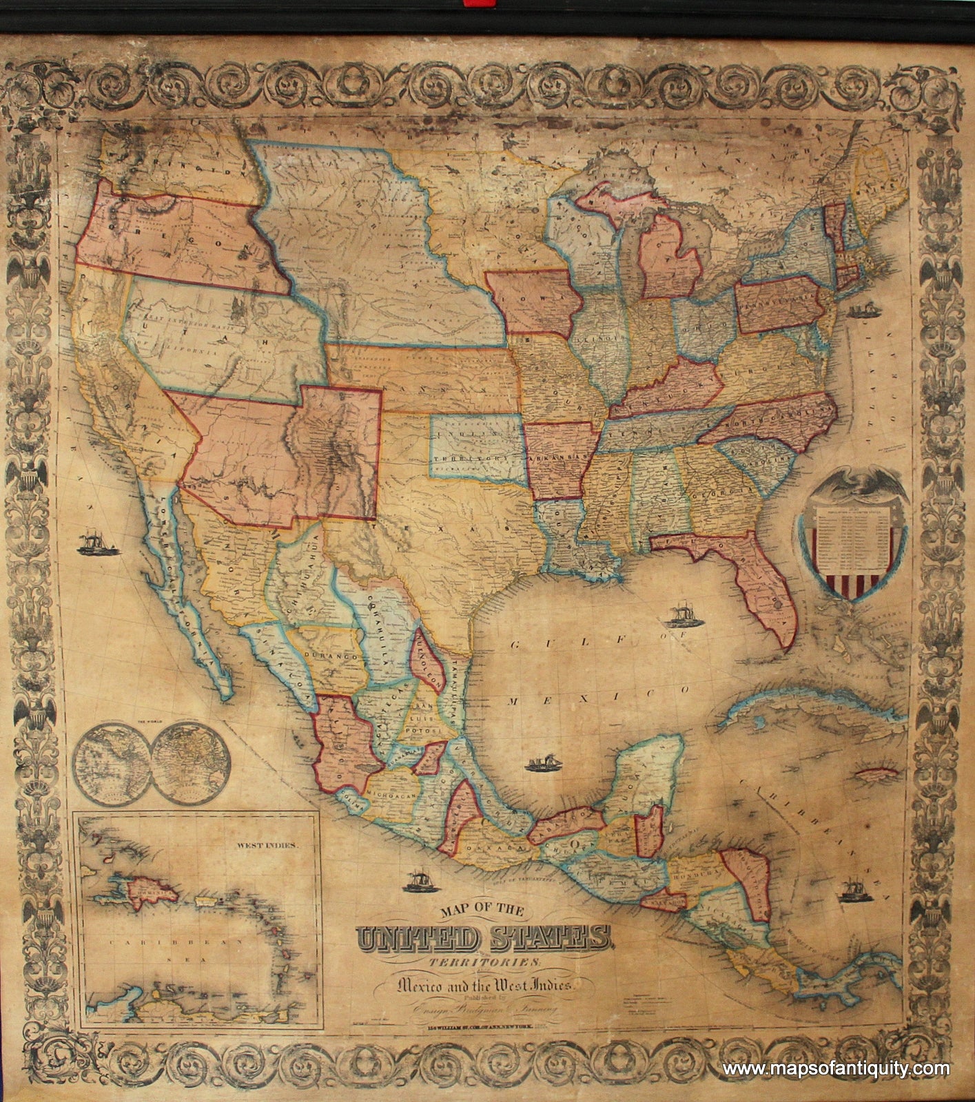 Hand-Colored-Antique-Wall-Map-on-Rods--Map-of-the-United-States-Territories-Mexico-and-the-West-Indies.-******-United-States-General-Mexico-1855-Ensign-Bridgman-and-Fanning-Maps-Of-Antiquity