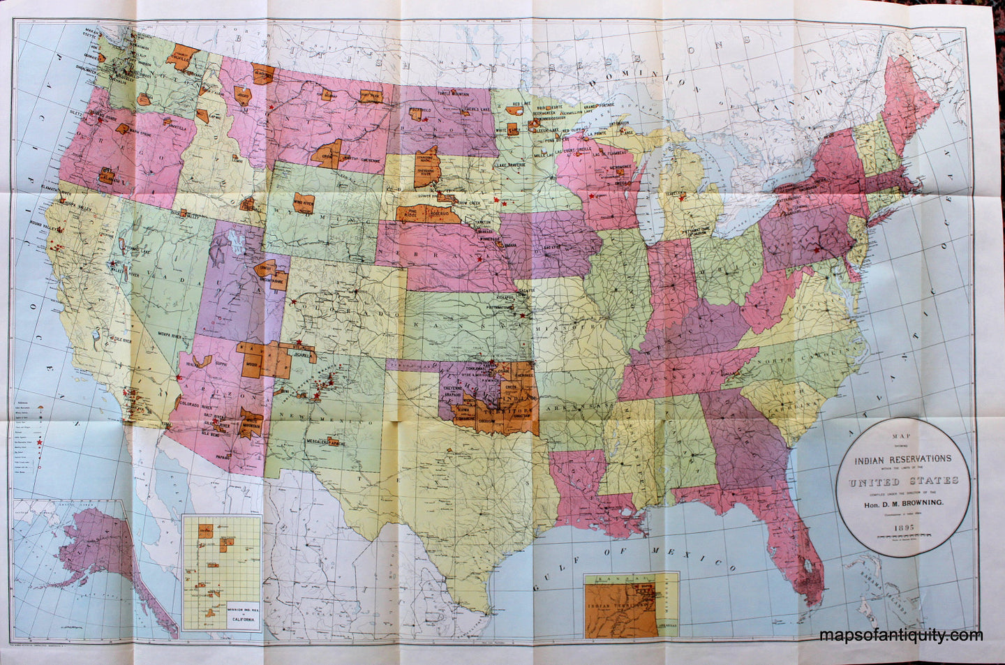 Antique-Map-Printed-Color-Map-showing-Indian-reservations-within-the-limits-of-the-United-States-compiled-under-the-direction-of-the-Hon.-D.-M.-Browning-Commissioner-of-Indian-Affairs-United-States--1895-Browning-Maps-Of-Antiquity