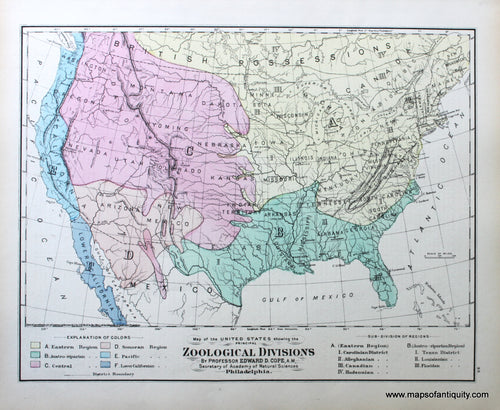 Antique-Hand-Colored-Map-Map-of-the-United-States-showing-the-Principal-Zoological-Divisions-USA--1874-Gray-Maps-Of-Antiquity