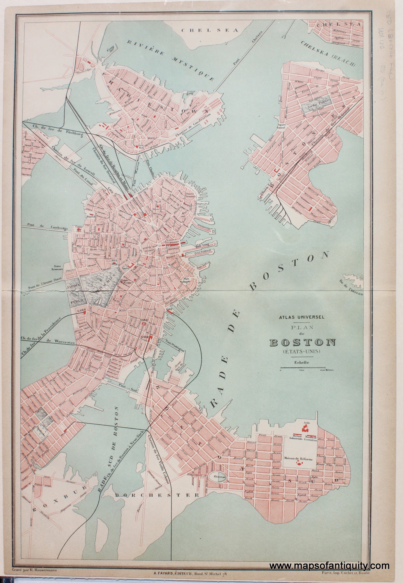 Antique-Map-Plan-de-Boston-City-Massachusetts-Mass.-Mass-MA-Fayard-1877-1870s-1800s-Late-19th-Century-Maps-of-Antiquity