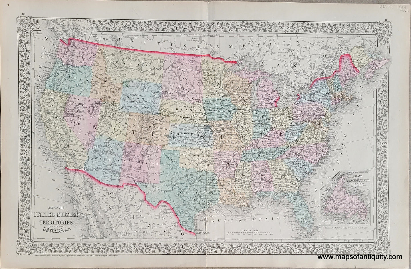 Genuine-Antique-Hand-Colored-Map-Map-of-the-United-States-and-Territories-together-with-Canada-&c.-1874-Mitchell-Maps-Of-Antiquity-1800s-19th-century