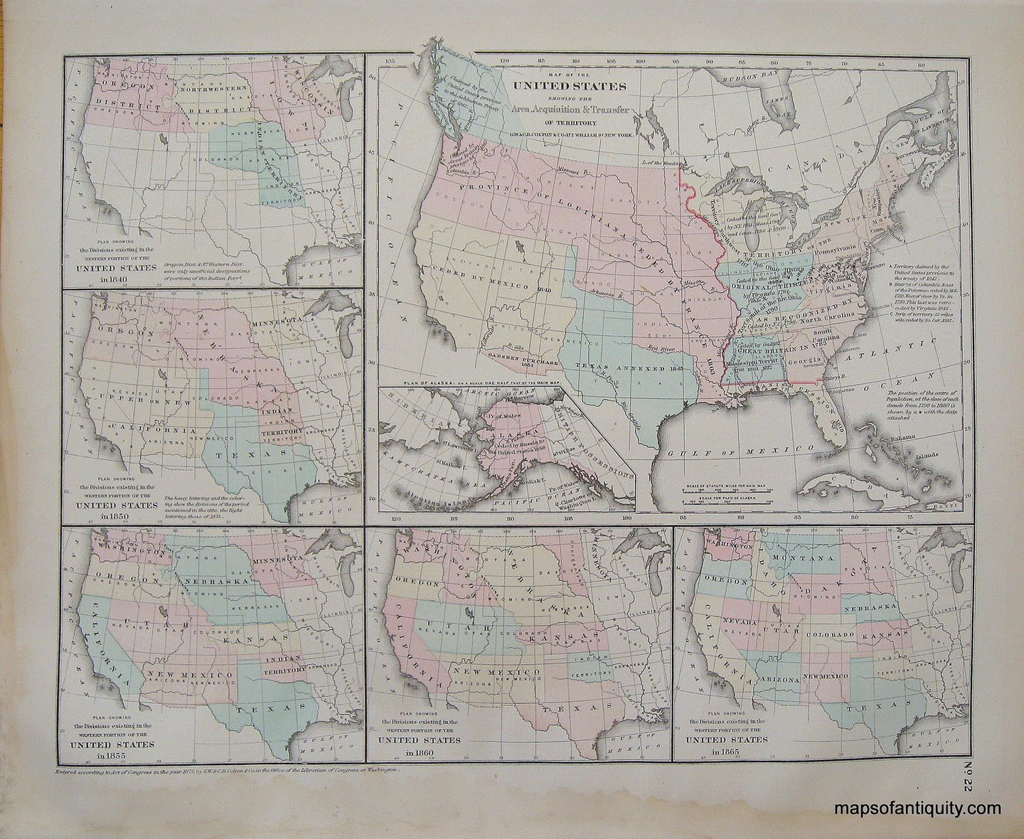 Antique-Hand-Colored-Map-Colton's-Map-of-the-United-States-Showing-the-Area-Acquisition-&-Transfer-of-Territory-United-States-General-West-General-1887-Colton-Maps-Of-Antiquity