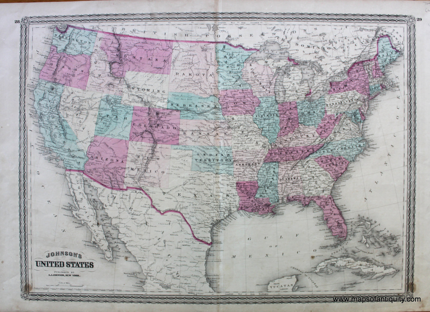 Antique-Hand-Colored-Map-Johnson's-United-States-United-States--1870-Johnson-Maps-Of-Antiquity