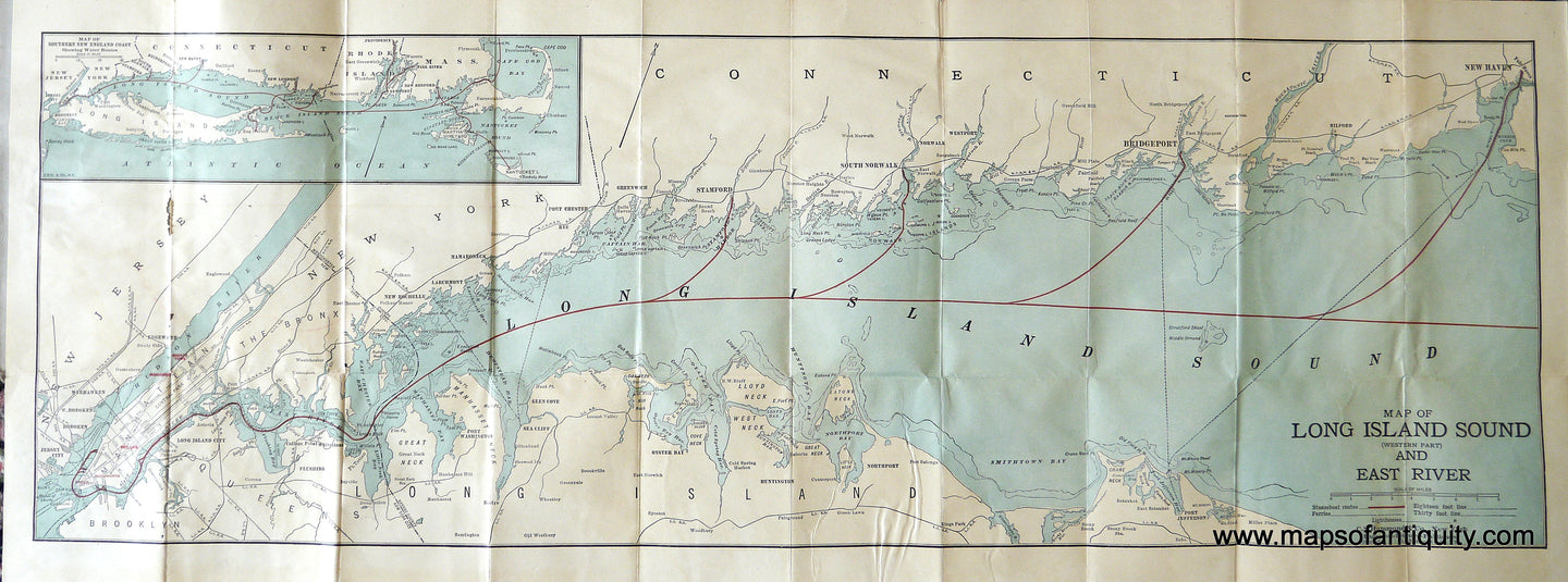 Printed-Color-Antique-Folding-Map-Map-of-Long-Island-Sound--Western-Part--and-East-River-c--1910-C-S--Hammond-Maps-Of-Antiquity