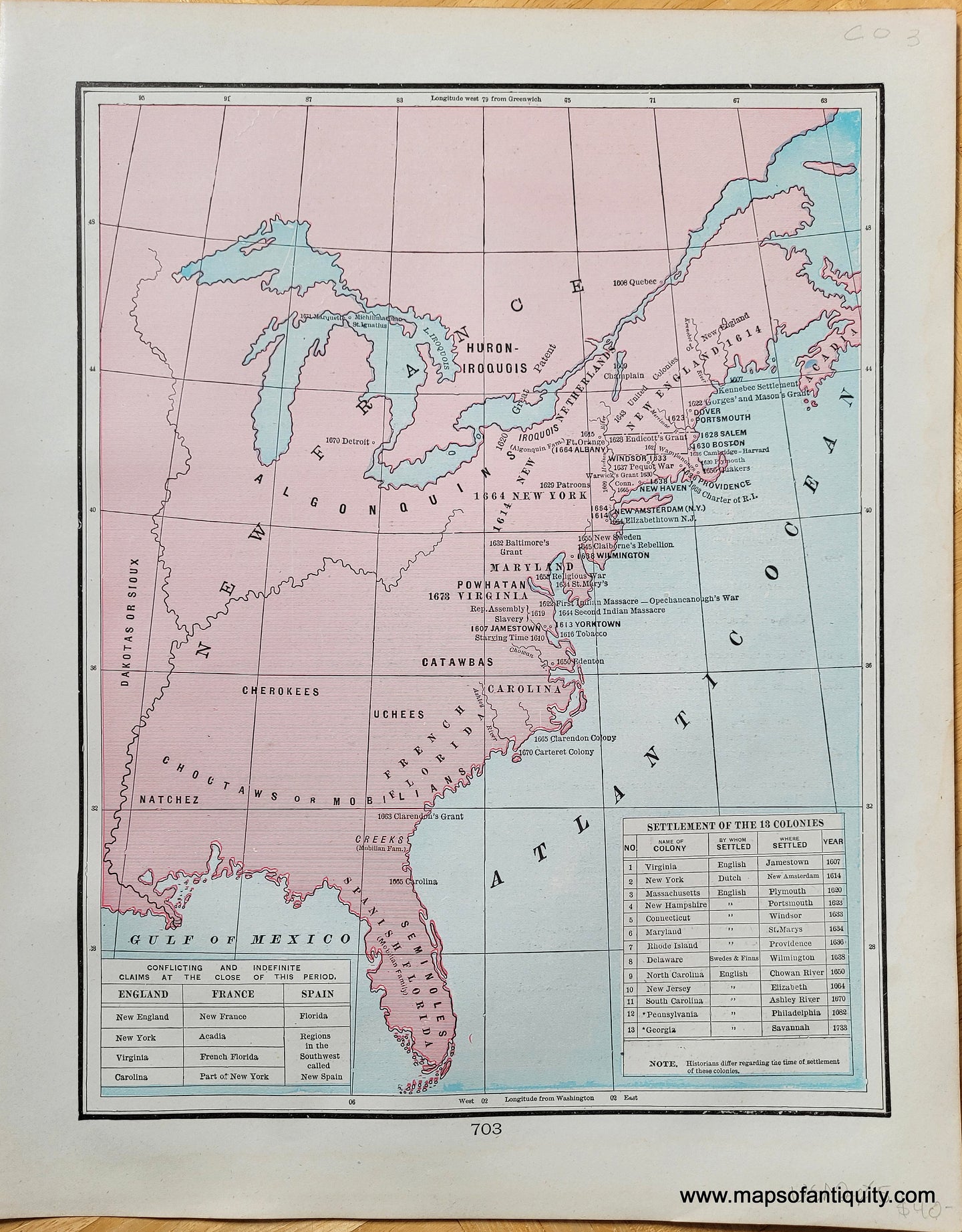 Antique-Map-Settlement-13-Thirteen-Colonies-United-States-US-Cram-1903-Spanish-FLorida-Native-American-Indians