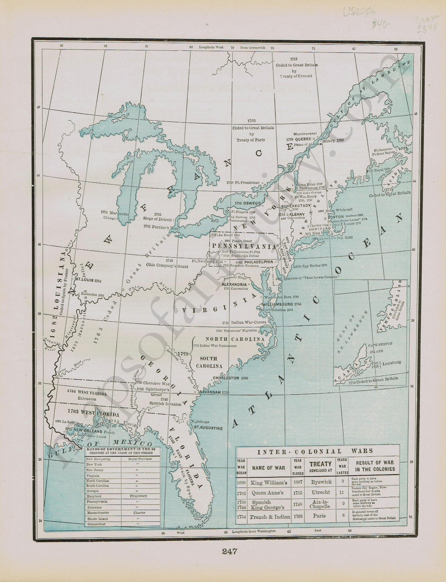 Antique-Map-Wars-Thirteen-Colonies-United-States-US-Cram-1894