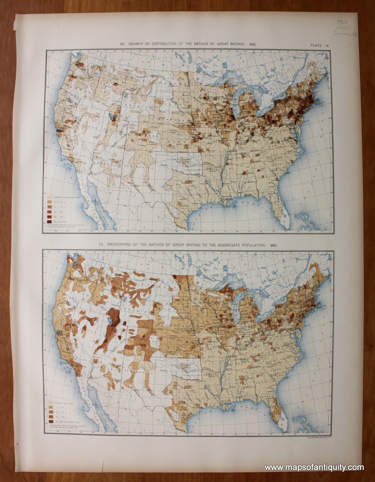 Antique-Printed-Color-Map-Density-of-Distribution-of-the-Natives-of-Great-Britain:-1890/-Proportion-of-the-Natives-of-Great-Britain-to-the-Aggregate-Population:-1890-United-States-United-States-General-1898-Gannett-Maps-Of-Antiquity