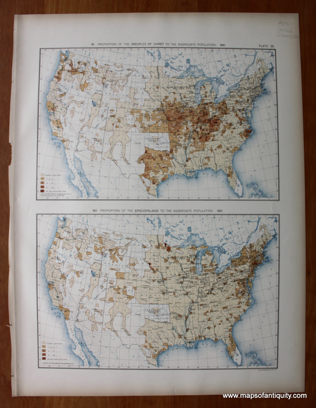 Antique-Printed-Color-Map-Proportion-of-the-Disciples-of-Christ-to-the-Aggregate-Population:-1890/-Proportion-of-the-Episcopalians-to-the-Aggregate-Population:-1890-United-States-United-States-General-1898-Gannett-Maps-Of-Antiquity
