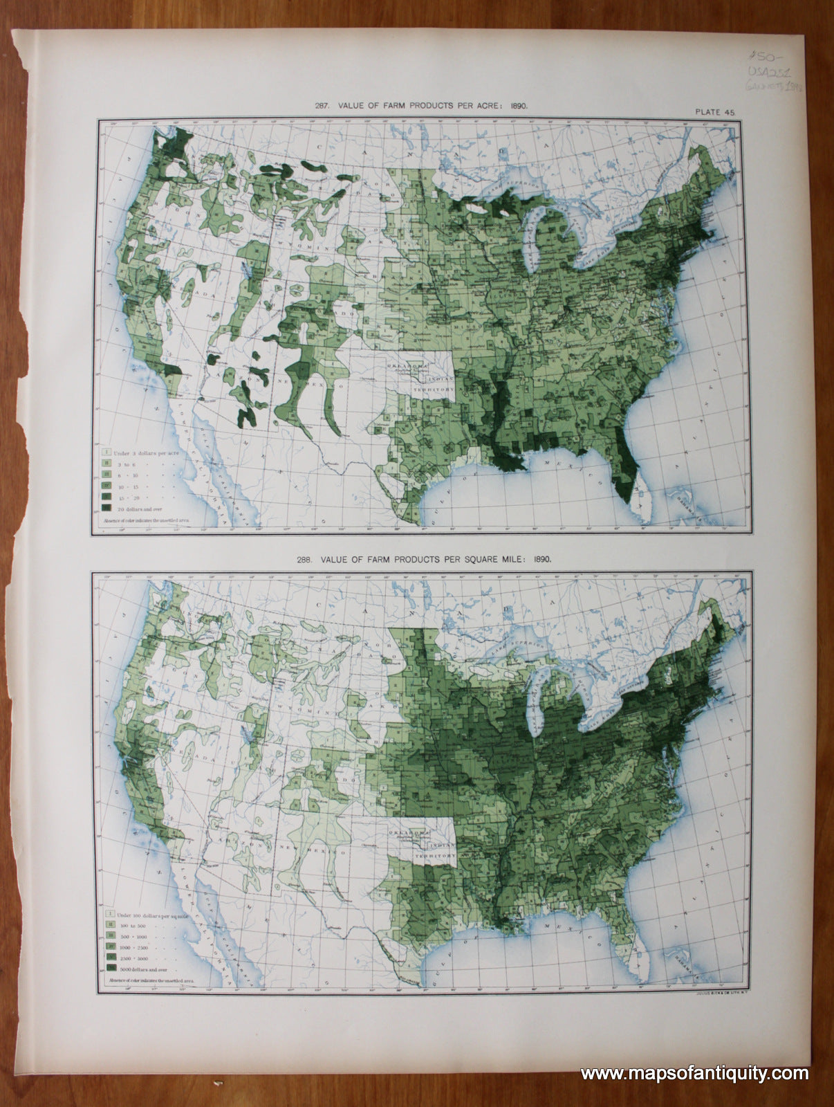 Antique-Printed-Color-Map-Value-of-Farm-Products-Per-Acre:-1890/-Value-of-Farm-Products-Per-Square-Mile:-1890-United-States-United-States-General-1898-Gannett-Maps-Of-Antiquity
