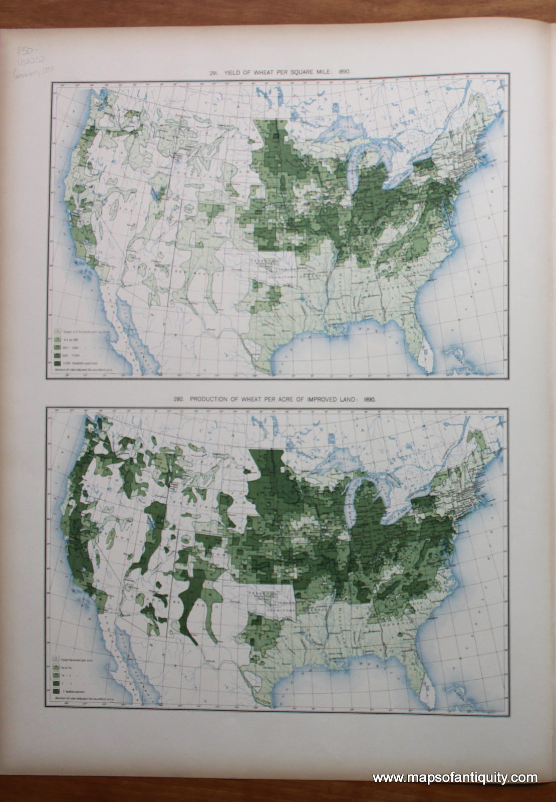 Antique-Printed-Color-Map-Yield-of-Wheat-Per-Square-Mile:-1890/-Production-of-Wheat-Per-Acre-of-Improved-Land:-1890-United-States-United-States-General-1898-Gannett-Maps-Of-Antiquity