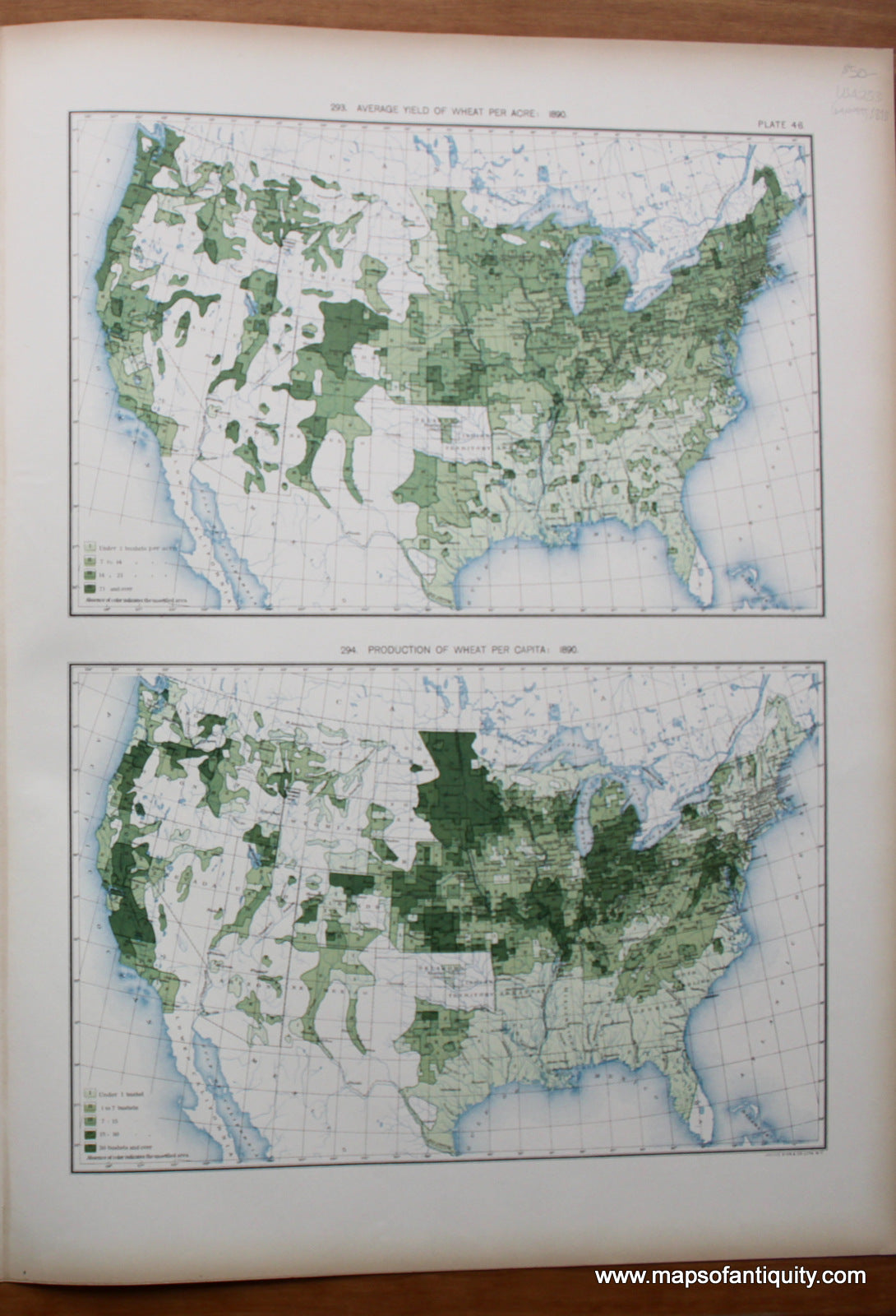 Antique-Printed-Color-Map-Average-Yield-of-Wheat-Per-Acre:-1890/-Production-of-Wheat-Per-Capita:-1890-United-States-United-States-General-1898-Gannett-Maps-Of-Antiquity