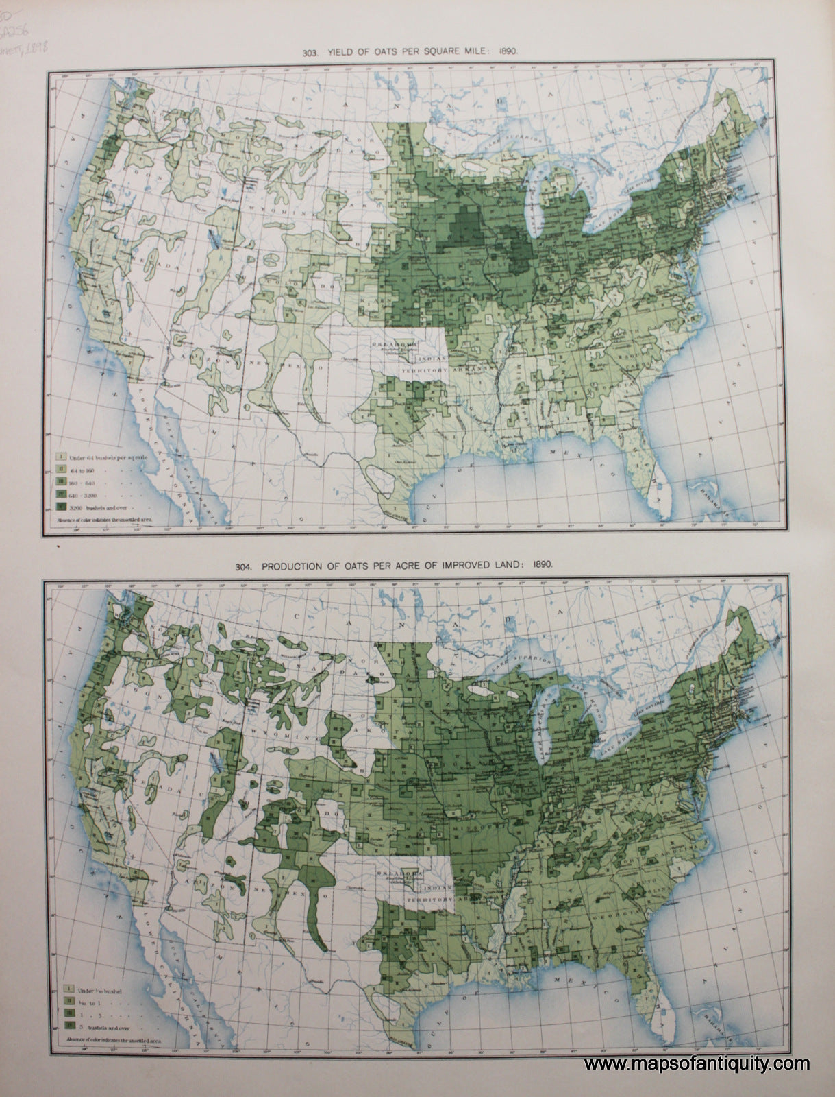 Antique-Printed-Color-Map-Yield-of-Oats-Per-Square-Mile:-1890/-Production-of-Oats-Per-Acre-of-Improved-Land:-1890-United-States-United-States-General-1898-Gannett-Maps-Of-Antiquity