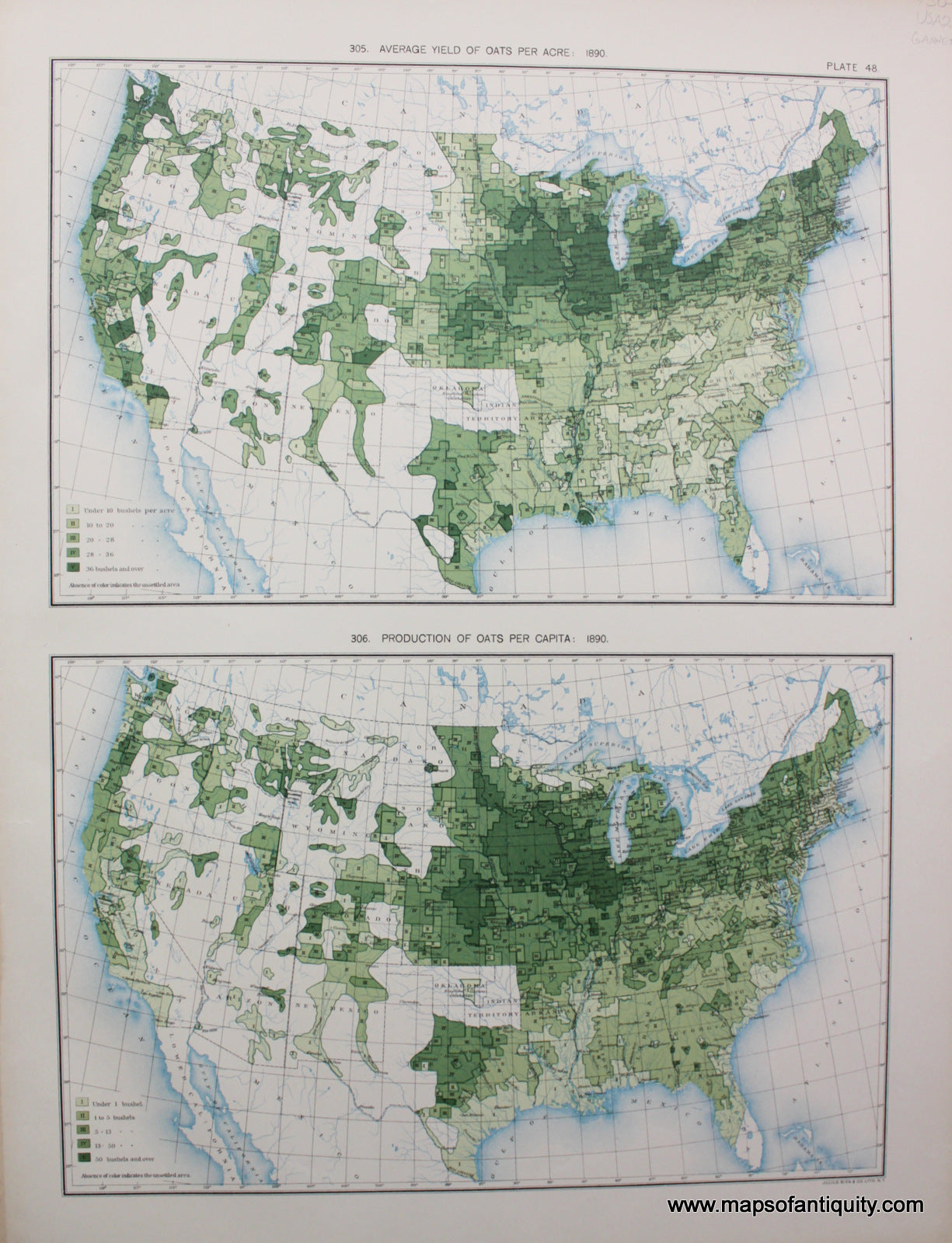 Antique-Printed-Color-Map-Average-Yield-of-Oats-Per-Acre:-1890/-Production-of-Oats-Per-Capita:-1890-United-States-United-States-General-1898-Gannett-Maps-Of-Antiquity
