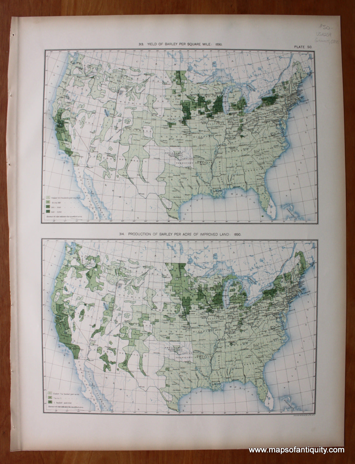 Antique-Printed-Color-Map-Yield-of-Barley-Per-Square-Mile:-1890/-Production-of-Barley-Per-Acre-of-Improved-Land:-1890-United-States-United-States-General-1898-Gannett-Maps-Of-Antiquity