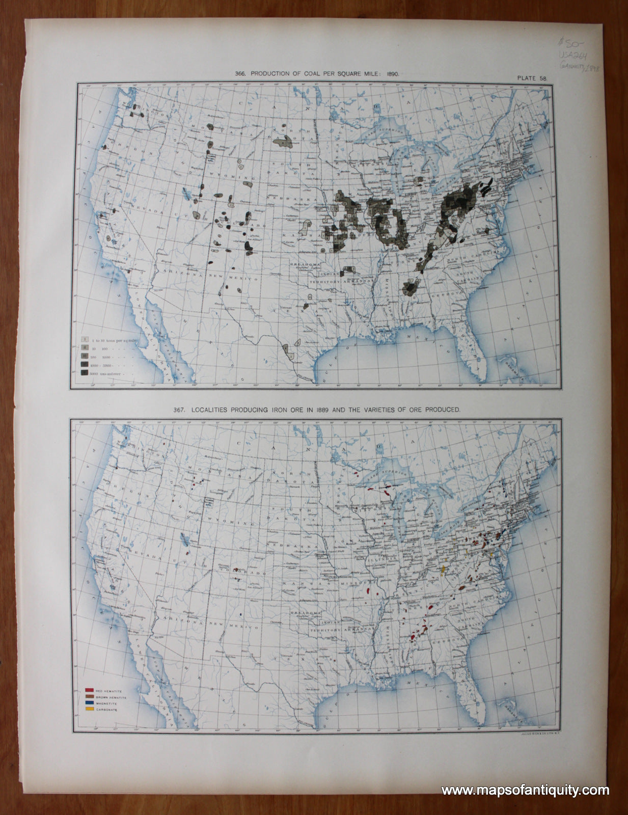 Antique-Printed-Color-Map-Production-of-Coal-Per-Square-Mile:-1890/-Localities-Producing-Iron-Ore-in-1889-And-The-Varieties-of-Ore-Produced-United-States-United-States-General-1898-Gannett-Maps-Of-Antiquity