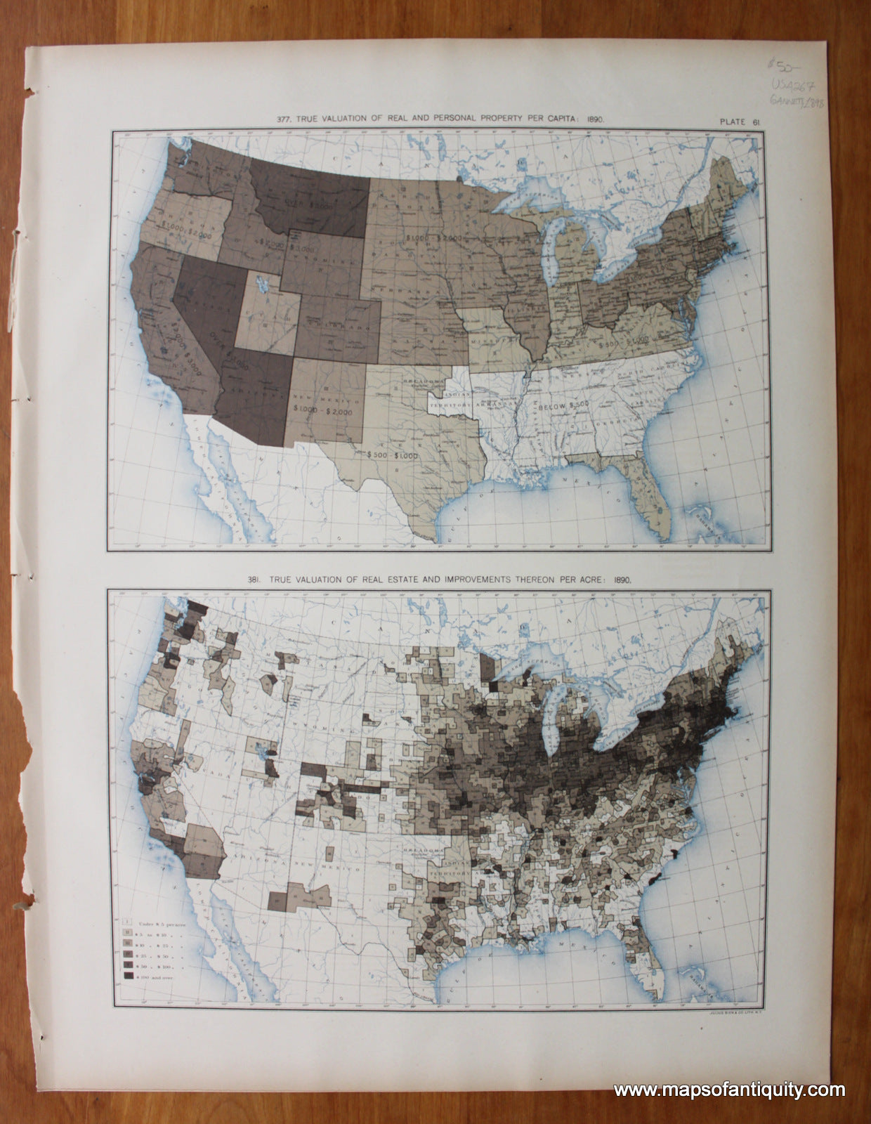 Antique-Printed-Color-Map-True-Valuation-of-Real-and-Personal-Property-Per-Capita:-1890/-True-Valuation-of-Real-Estate-and-Improvements-Thereon-Per-Acre:-1890-United-States-United-States-General-1898-Gannett-Maps-Of-Antiquity