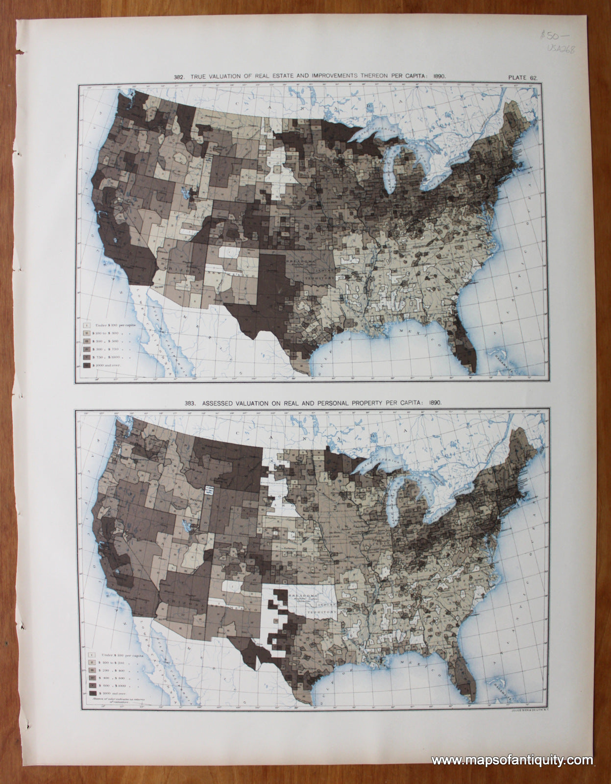 Antique-Printed-Color-Map-True-Valuation-of-Real-Estate-and-Improvements-Thereon-Per-Capita:-1890/-Assessed-Valuation-on-Real-and-Personal-Property-Per-Capita:-1890-United-States-United-States-General-1898-Gannett-Maps-Of-Antiquity