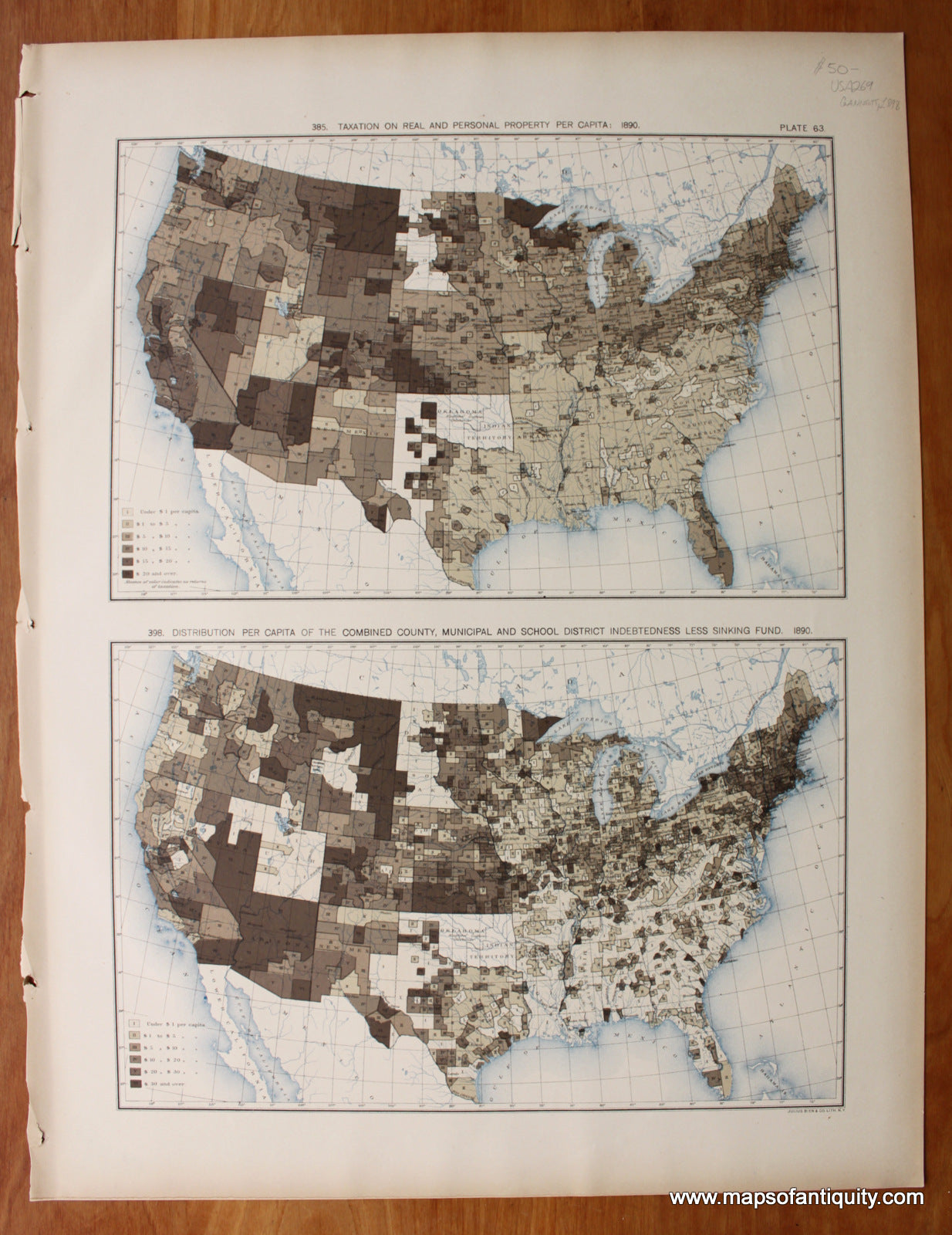 Antique-Printed-Color-Map-Taxation-on-Real-and-Personal-Property-Per-Capita:-1890/-Distribution-Per-Capita-of-the-Combined-County-Municipal-and-School-District-Indebtedness-Less-Sinking-Fund:-1890-United-States-United-States-General-1898-Gannett-Maps-Of-Antiquity