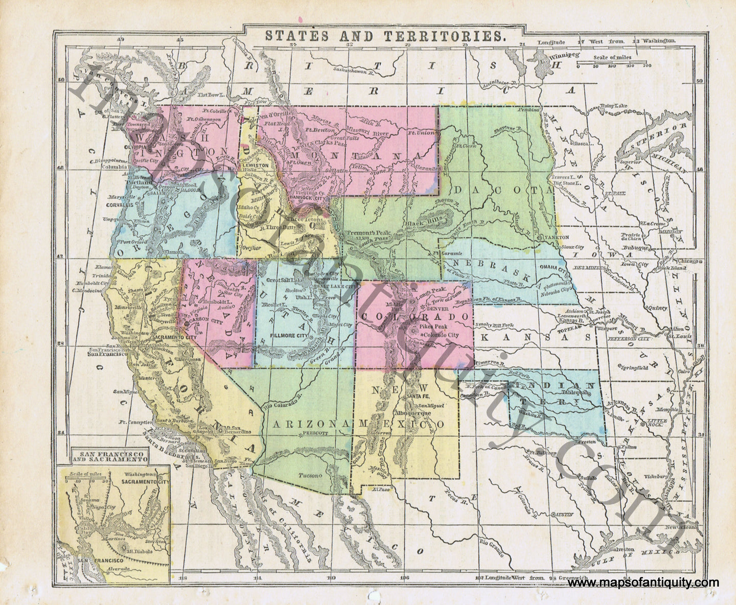 Antique-Hand-Colored-Map-States-and-Territories-United-States-West-c.-1865-School-Geography-Maps-Of-Antiquity