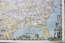 Load image into Gallery viewer, Close up of the lower right corner of Antique vintage map of the continental United States titled America the Wonderland by Ernest Dudley Chase published in 1941. This map is filled with small illustrations of notable buildings- they are in the map with a city name and they surround the map without feeling too busy. The colors are handsome and subtle. Each state is colored. There is a decorative border and large compass rose. 
