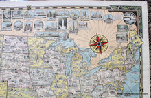 Load image into Gallery viewer, Close up of the upper right corner of Antique vintage map of the continental United States titled America the Wonderland by Ernest Dudley Chase published in 1941. This map is filled with small illustrations of notable buildings- they are in the map with a city name and they surround the map without feeling too busy. The colors are handsome and subtle. Each state is colored. There is a decorative border and large compass rose. 
