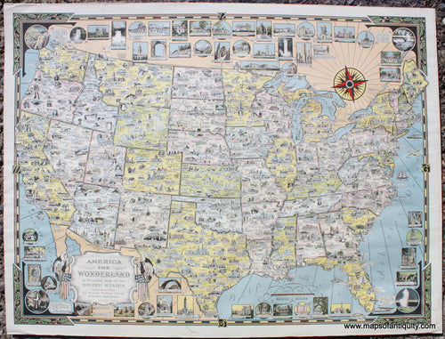 Antique vintage map of the continental United States titled America the Wonderland by Ernest Dudley Chase published in 1941. This map is filled with small illustrations of notable buildings- they are in the map with a city name and they surround the map without feeling too busy. The colors are handsome and subtle. Each state is colored. There is a decorative border and large compass rose. 