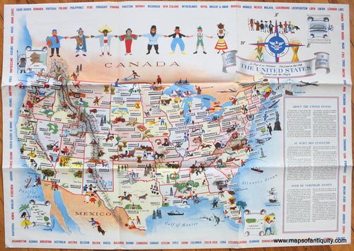 Antique-Map-Pictorial-United-States-Land-People-1958-Mary-Ronin-Worlds-Fair