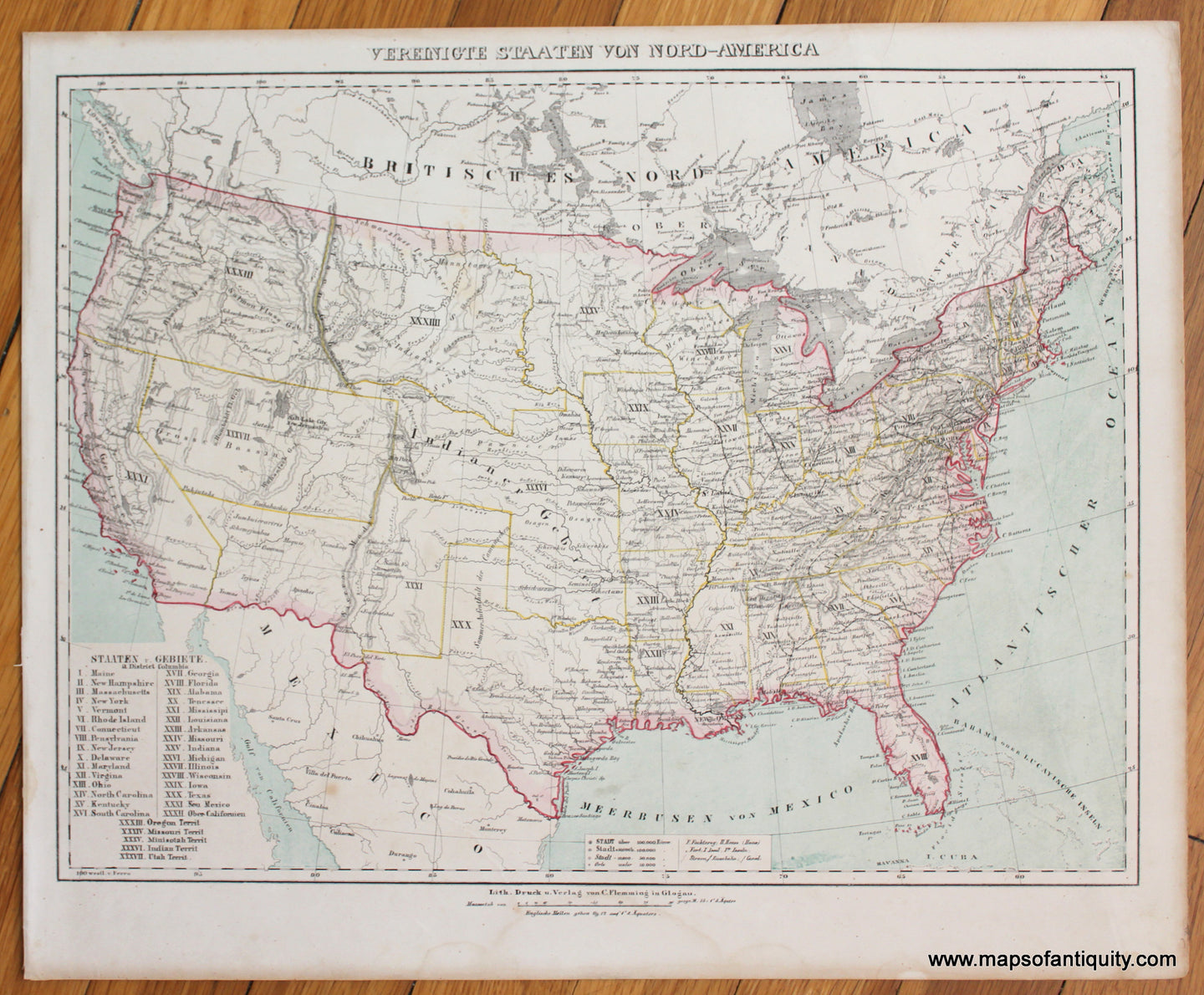 Antique-Map-United-States-Vereinigte-Staaten-Nord-America-US-USA-Flemming-1845-1840s-1800s