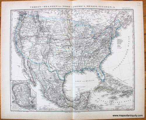 Antique-Map-Verein-Staaten-Nord-America-Mexico-Yucatan-United-States-US-USA-Stieler-1876-1870s-1800s-19th-century-Maps-of-Antiquity