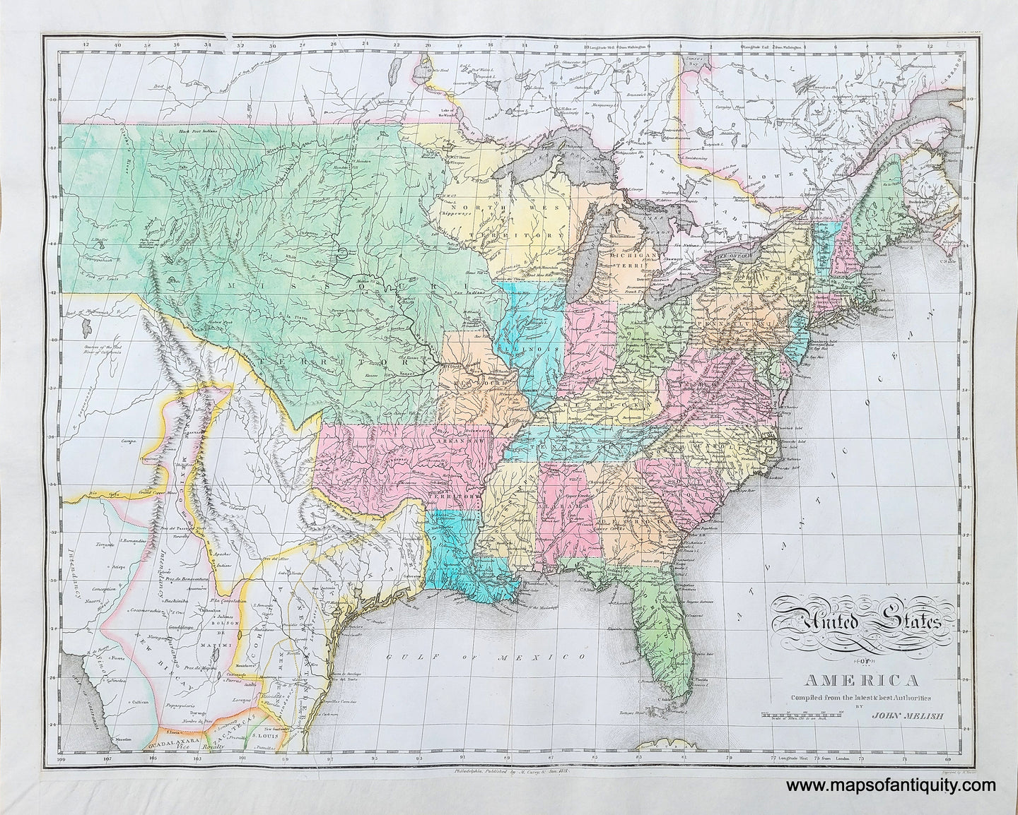Antique-map-United-States-America-Melish-Lavoisne-1820-Texas-Territories-Northwest-Westward-expansion-1820s-1800s-19th-century-Maps-of-Antiquity