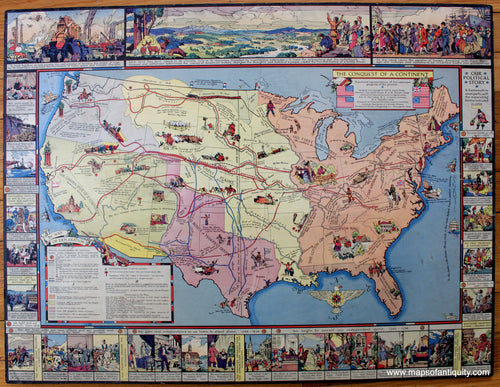 Antique-Map-The-Conquest-of-a-Continent-August-Kaiser-1933-Pictorial-Maps-Of-Antiquity