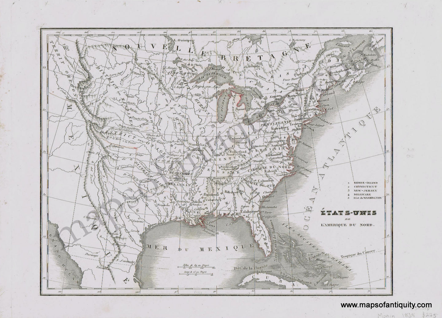 Antique-Hand-Colored-Map-Etats-Unis-de-l'Amerique-du-Nord-1838-Monin-1800s-19th-century-Maps-of-Antiquity
