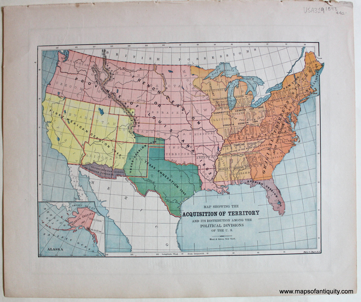 Antique-Printed-Color-Map-Map-Showing-the-Acquisition-of-Territory-and-its-Distribution-Among-the-Political-Divisions-of-the-U.S.-1893-Hunt-&-Eaton-United-States-General-1800s-19th-century-Maps-of-Antiquity