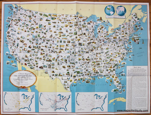 Antique-Map-United-States-America-Pictorial-Resources-Products-Natural-Features-US-USA-Department-of-State-Esso-Oil-1951-1950s-midcentury-20th-century-maps-of-antiquity