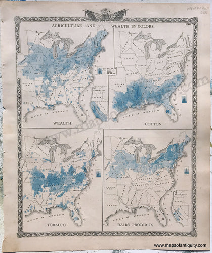Antique-Hand-Colored-Map-United-States-Agriculture-and-Wealth-by-Colors;-verso:-United-States-Vitality-Maps-Compiled-from-the-Census-of-1870-1876-Warner-&-Beers-/-Union-Atlas-Co.--1800s-19th-century-Maps-of-Antiquity