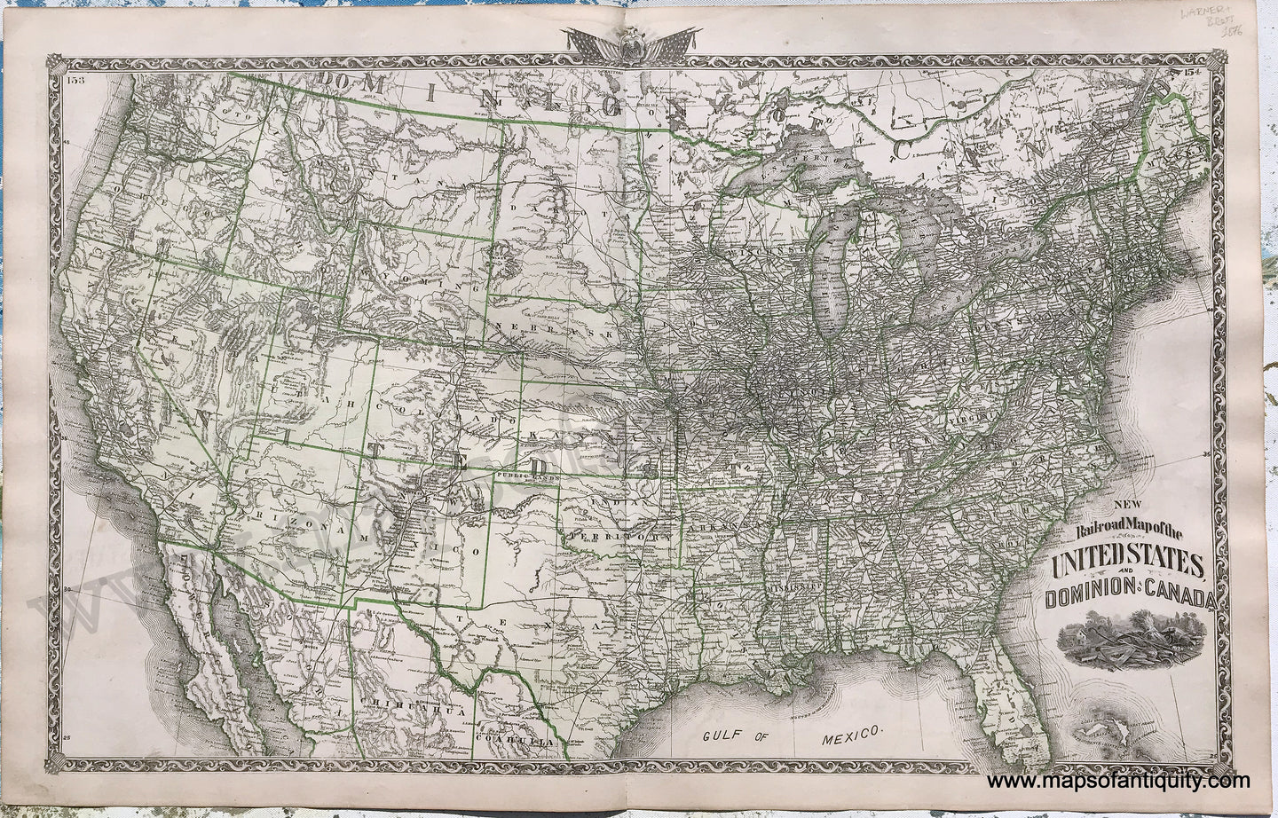 Antique-Hand-Colored-Map-Sheet-with-three-maps:-centerfold--New-Railroad-Map-of-the-United-States-and-Dominion-of-Canada;-versos:-St-Louis-/-Maps-Showing-Amount-of-Products-Raised-in-Proportion-to-Population-and-Acres-of-Improved-Land-in-1870-1876-Warner-&-Beers-/-Union-Atlas-Co.--1800s-19th-century-Maps-of-Antiquity