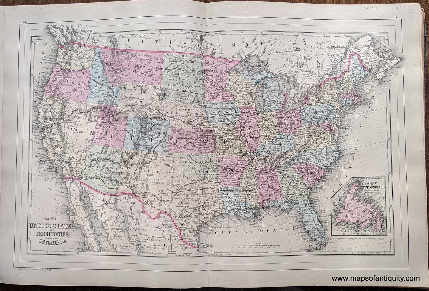 Antique-Hand-Colored-Map-Map-of-the-United-States-and-Territories.-Together-with-Canada-&c.-United-States--1884-Mitchell-Maps-Of-Antiquity-1800s-19th-century