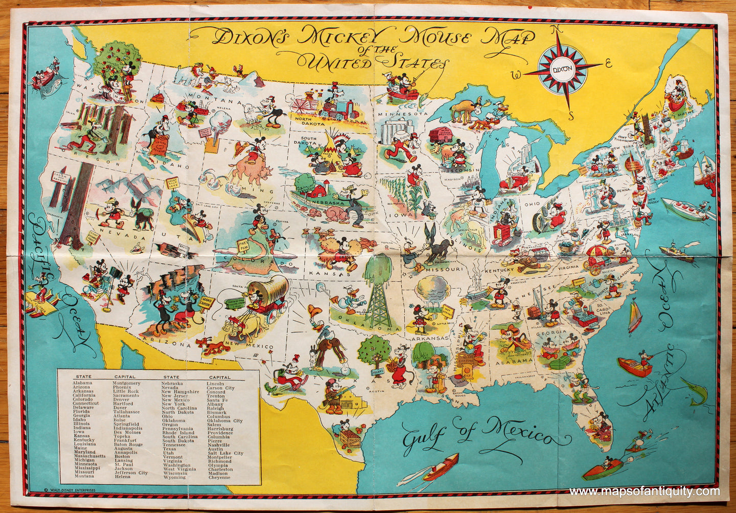 Antique-Printed-Color-Pictorial-Map-Dixon's-Mickey-Mouse-Map-of-the-United-States-*****SOLD*****-United-States--c.-1935-Walt-Disney-Enterprises-Maps-Of-Antiquity-1800s-19th-century